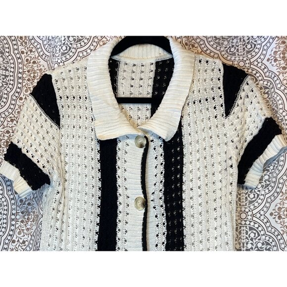 Handmade Crochet Short Sleeve Cardigan & Shorts Set  Stylish Black & White Strip - Picture 6 of 11